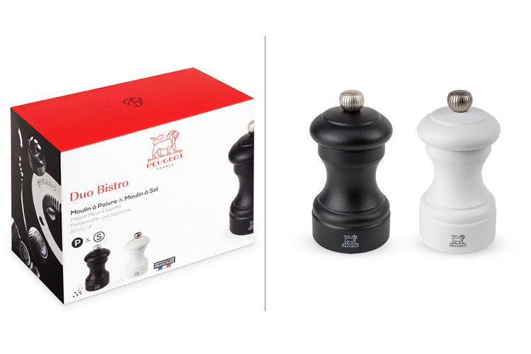 Coffret duo moulin &agrave; sel et poivre Peugeot Bistro en bois noir + blanc 10cm