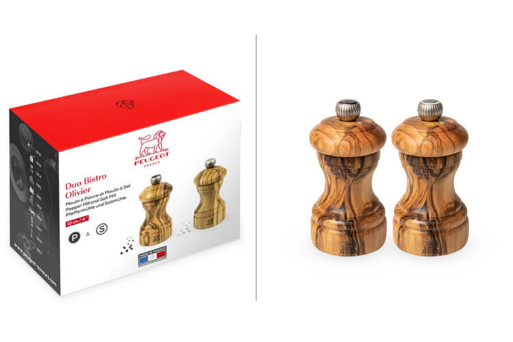Coffret duo moulin à sel et poivre Peugeot Bistro en bois d'olivier 10cm