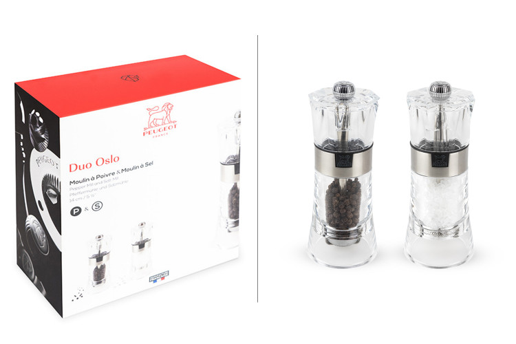 Coffret duo moulin &agrave; sel et poivre Peugeot Oslo en acrylique et inox 14cm