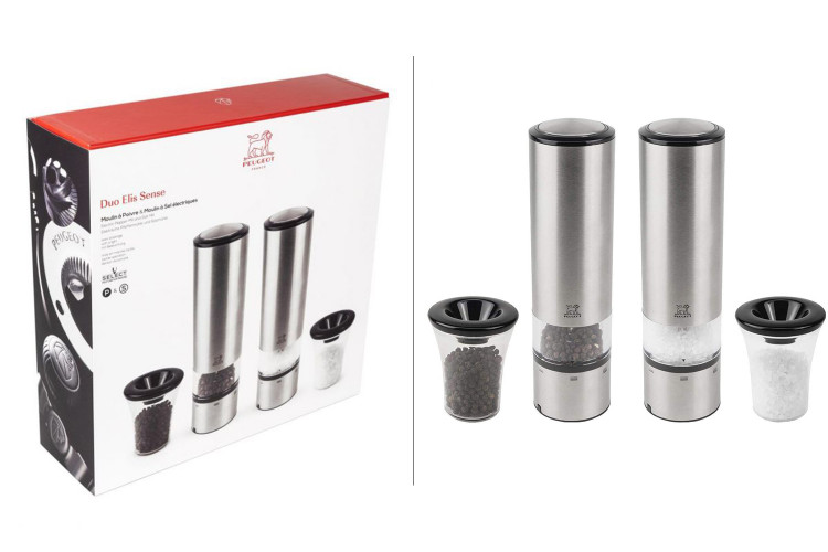 Coffret duo moulin &agrave; sel et poivre &eacute;lectrique Peugeot Elis Sense U Select en inox avec &eacute;clairage 20cm