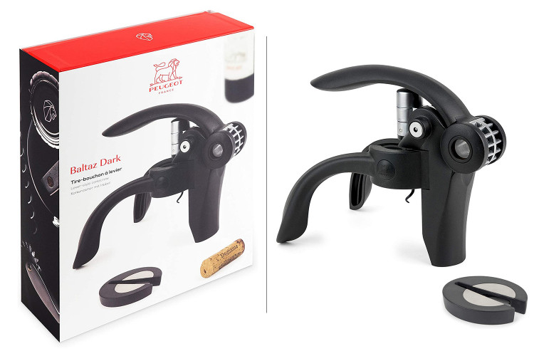 Tire bouchon &agrave; levier Peugeot Baltaz Dark en ABS et zamac de couleur noire avec coupe capsule 14cm
