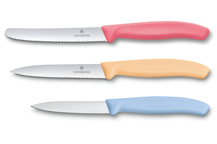 Set 3 couteaux d'office Victorinox Swissclassic Trend Colors pastel bleu, orange, rose