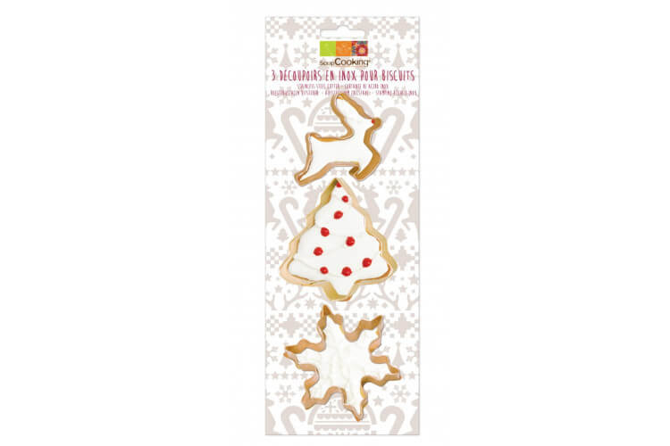 3 découpoirs Scrapcooking en inox doré - Flocons/ sapin/ renne