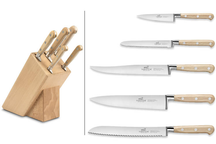 Bloc en hêtre Sabatier avec 5 couteaux forgés Brocéliande manche en hêtre