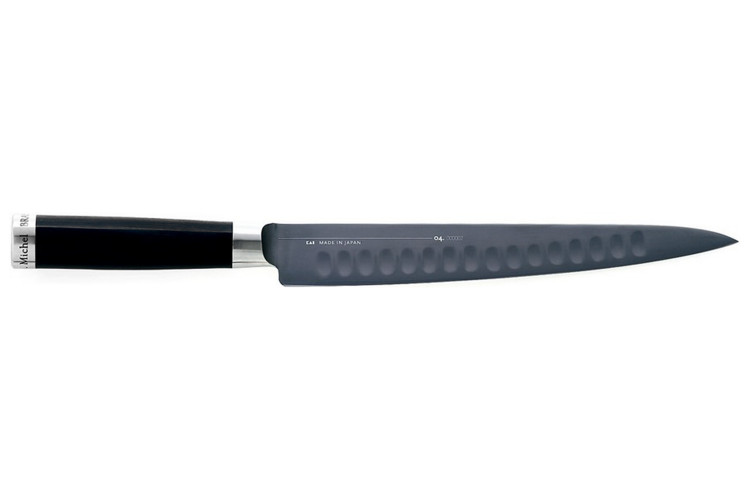 Couteau &agrave; trancher Kai Michel Bras 23cm n&deg;3 acier inox SG2 alv&eacute;ol&eacute; + fourreau en bois