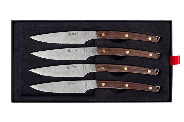 Coffret 4 couteaux &agrave; steak Icel lame dentel&eacute;e 11cm manche incurv&eacute; en bois