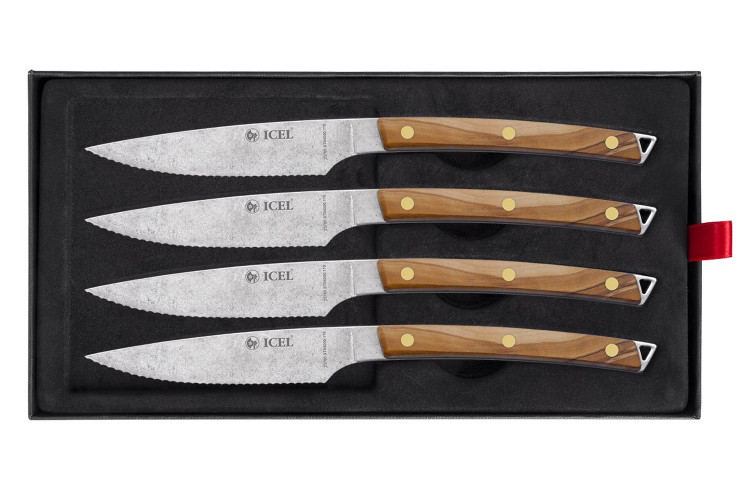 Coffret 4 couteaux &agrave; steak Icel lame dentel&eacute;e 11cm manche incurv&eacute; bois d'olivier