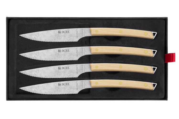 Coffret 4 couteaux à steak Icel lame dentelée 11cm manche incurvé bois d'érable