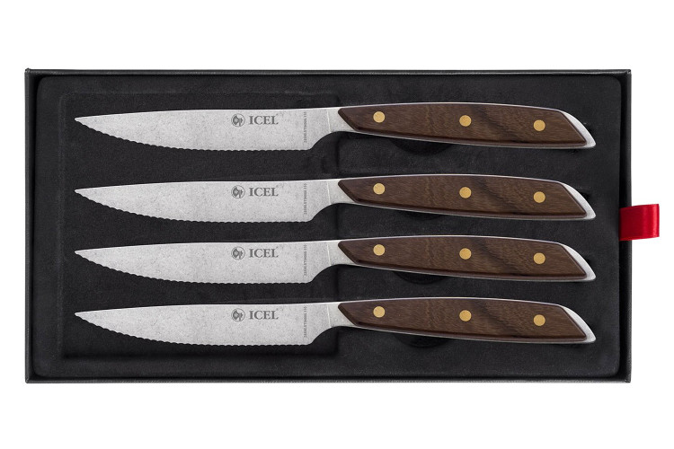 Coffret 4 couteaux &agrave; steak Icel lame dentel&eacute;e 11cm manche droit en bois