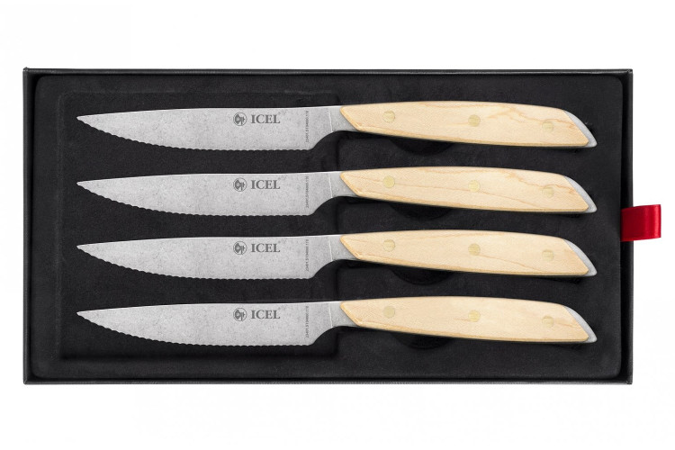 Coffret 4 couteaux &agrave; steak Icel lame dentel&eacute;e 11cm manche droit bois d'&eacute;rable
