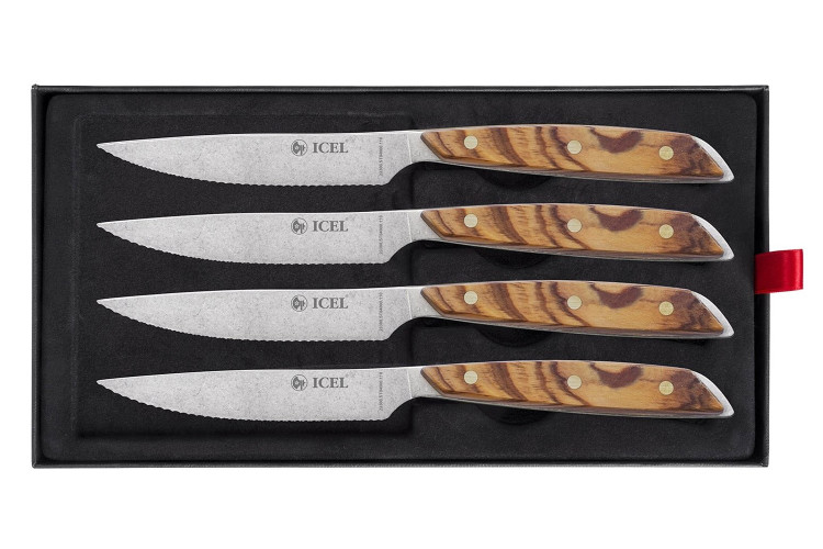 Coffret 4 couteaux &agrave; steak Icel lame dentel&eacute;e 11cm manche droit bois d'olivier