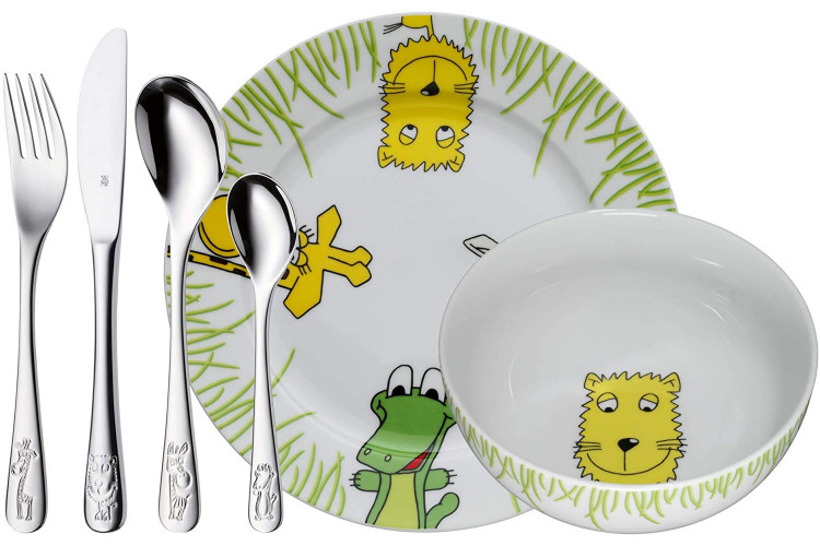 Coffret couverts et vaisselle enfant 6 pi&egrave;ces WMF Safari acier inox 18/10 et porcelaine