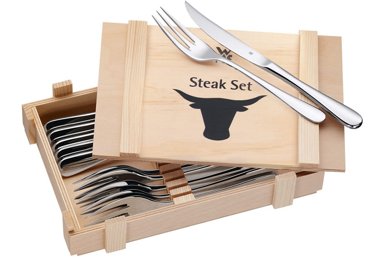 Coffret 6 couteaux &agrave; steak + 6 fourchettes WMF Holzkass en acier inox 18/10 Cromargan