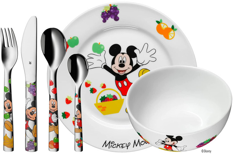 Coffret couvert et vaisselle enfant 6 pi&egrave;ces WMF Mickey Mouse acier inox 18/10 et porcelaine