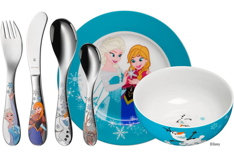 Coffret repas enfant WMF La Reine des Neiges 6 pi&egrave;ces acier inox 18/10 et porcelaine