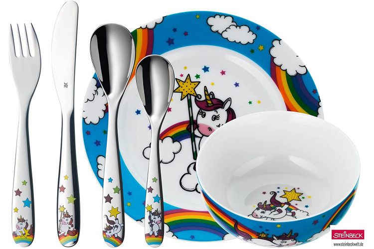 Coffret repas enfants WMF Licorne acier inox 18/10 et porcelaine