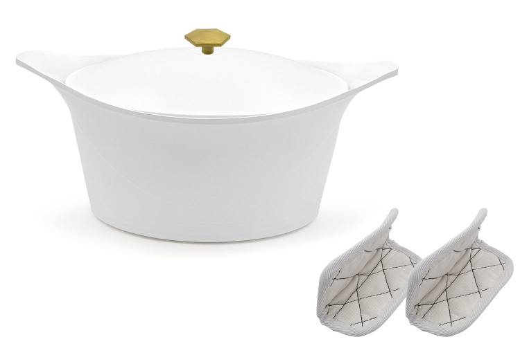 Set Cocotte Cookut polaire + maniques blanches et poign&eacute;e laiton