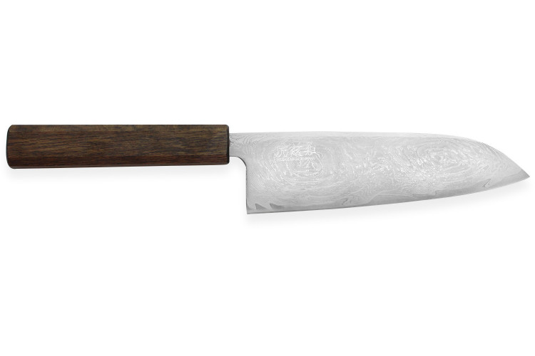 Couteau santoku japonais artisanal Wusaki Unagi AUS10 damas 16,5cm manche ch&ecirc;ne