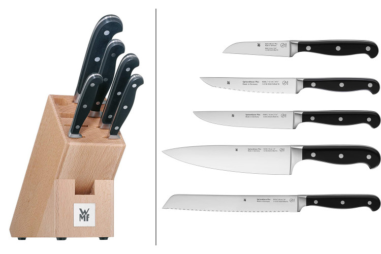 Bloc en ch&ecirc;ne WMF Spitzenklasse Plus 5 couteaux de cuisine rivet&eacute;s