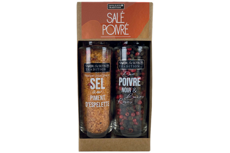 Coffret duo Savor&Sens sel au piment d'Espelette et m&eacute;lange de poivre et baies roses bio