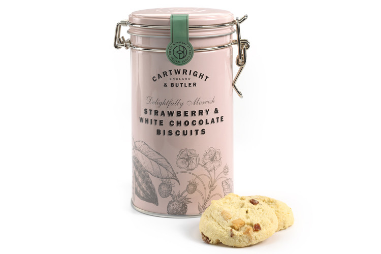 Sabl&eacute;s fraise chocolat Cartwright & Butler bo&icirc;te m&eacute;tal ronde rose 200g