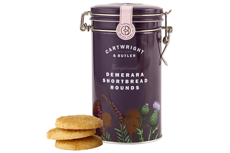 Sabl&eacute;s au sucre Demerara Cartwright & Butler bo&icirc;te m&eacute;tal ronde violette 200g