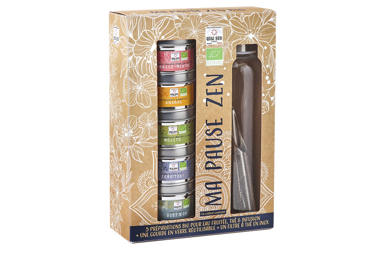 Coffret th&eacute;s et infusions bio Quai Sud Ma Pause Zen + gourde en verre et filtre &agrave; th&eacute;