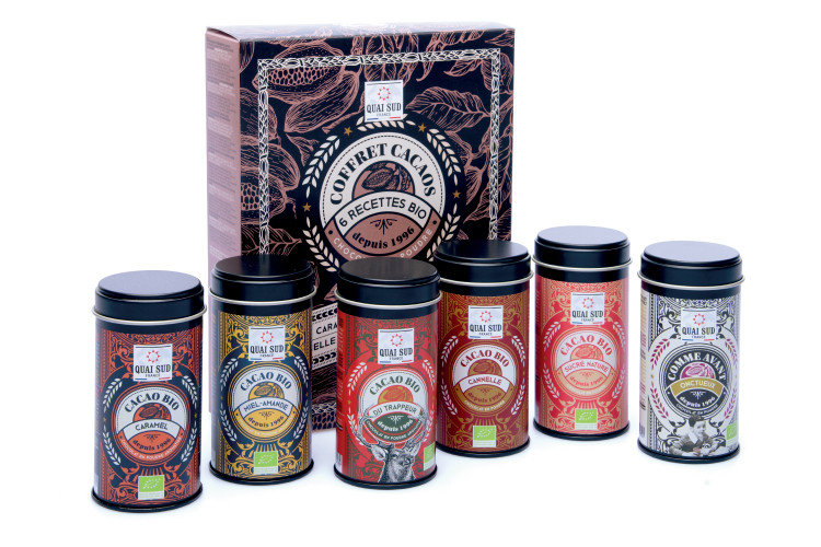 Coffret d&eacute;couverte Quai Sud 6 mini bo&icirc;tes de cacao bio en poudre