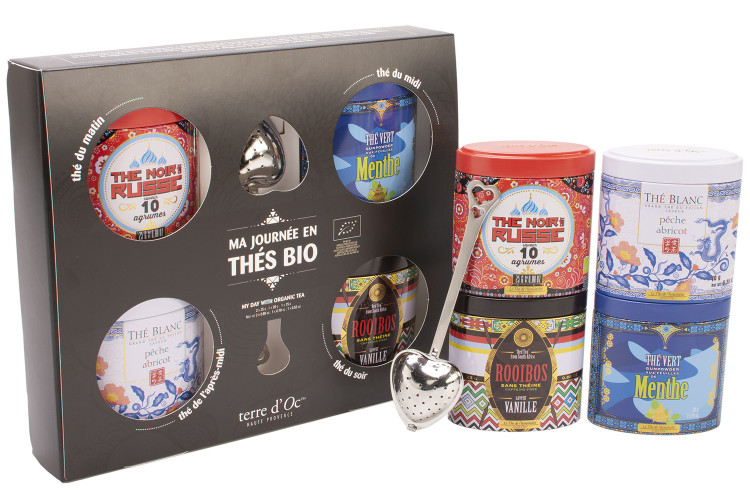 Coffret Terre d'Oc 4 th&eacute; de la journ&eacute;e bio + 1 cuill&egrave;re filtre &agrave; th&eacute;