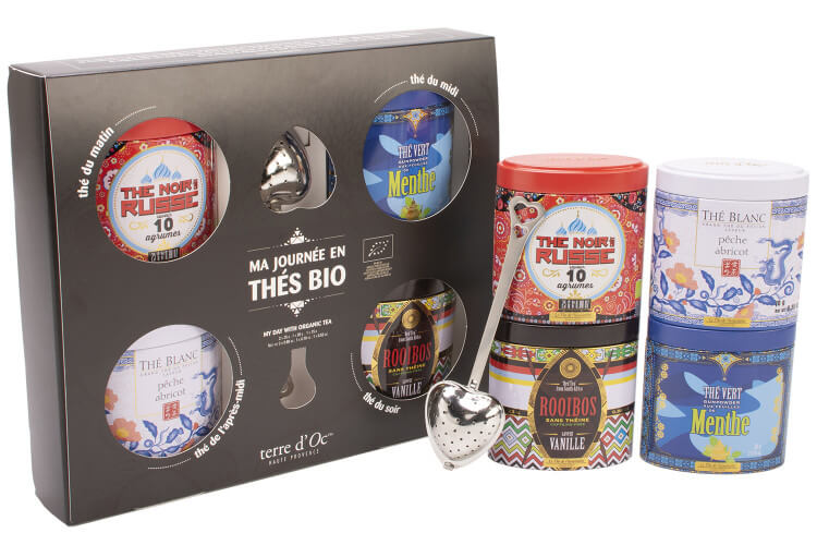 Coffret Terre d'Oc 4 thé de la journée bio + 1 cuillère filtre à thé
