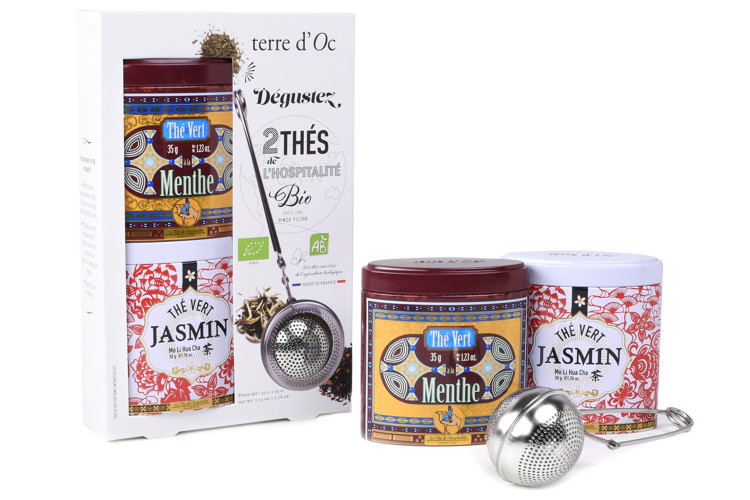 Coffret Terre d'Oc 2 th&eacute;s verts bio : Jasmin + Menthe - 1 cuill&egrave;re filtre &agrave; th&eacute;