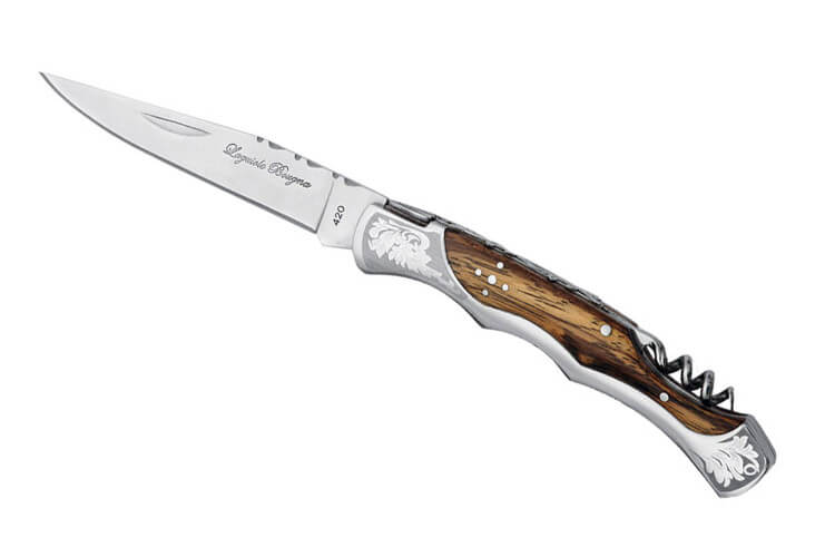 Couteau pliant Laguiole Bougna Baroque 12cm bois zébré + tire bouchon