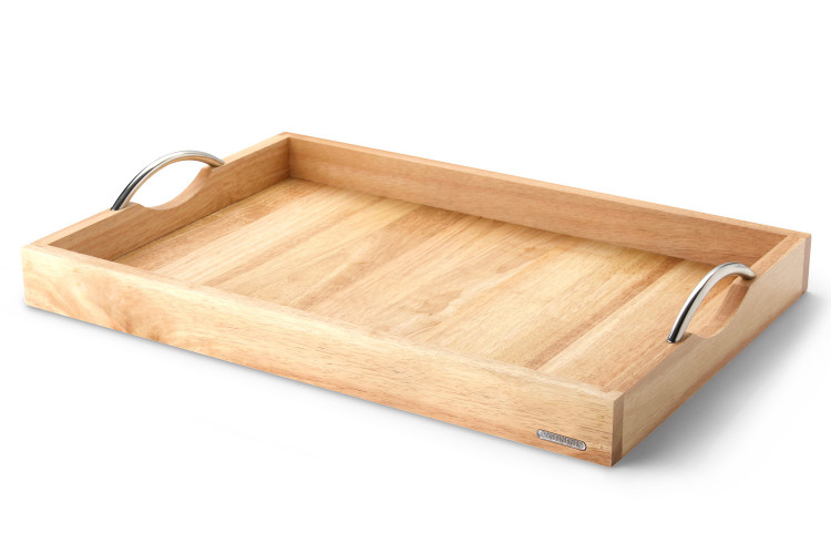 Plateau de service avec poign&eacute;es m&eacute;talliques Continenta en bois d'h&eacute;v&eacute;a 53x36x5cm