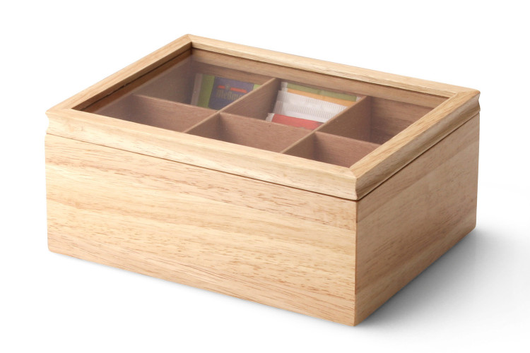 Bo&icirc;te &agrave; th&eacute; Continenta en bois d'h&eacute;v&eacute;a 32x17,5x10cm