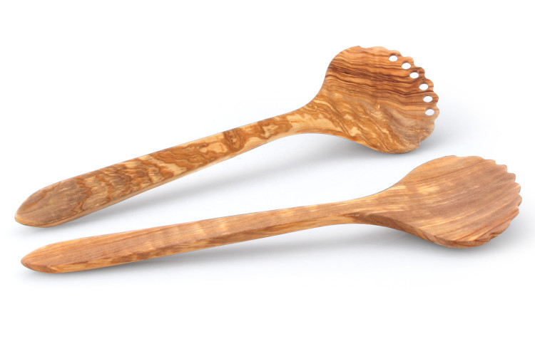 Set de 2 couverts &agrave; salade bords dentelles Continenta en bois d'olivier 31,5cm