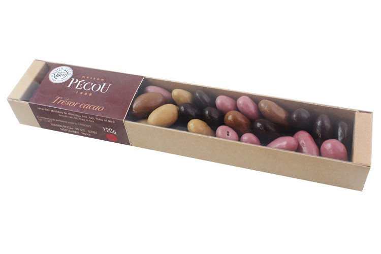 Amandes grill&eacute;es P&eacute;cou Tr&eacute;sor Cacao enrob&eacute;es de chocolats Ruby noir lait et dor&eacute;