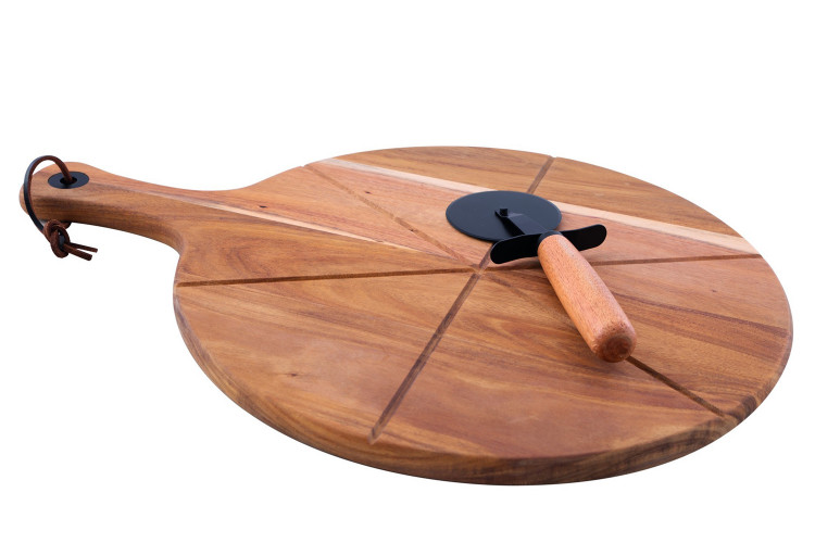 Set sp&eacute;cial pizza Point Virgule avec roulette &agrave; pizza et planche &agrave; servir en acacia