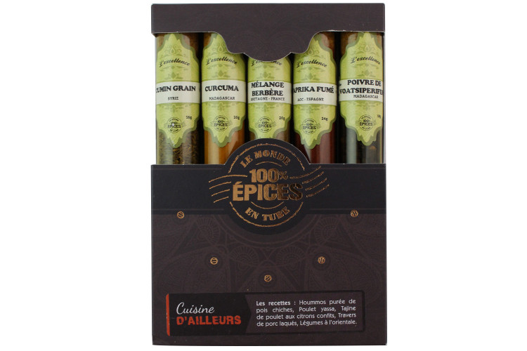Coffret d'&eacute;pices Le Monde en Tube Cuisine d'ailleurs 5 saveurs + carnet de recettes