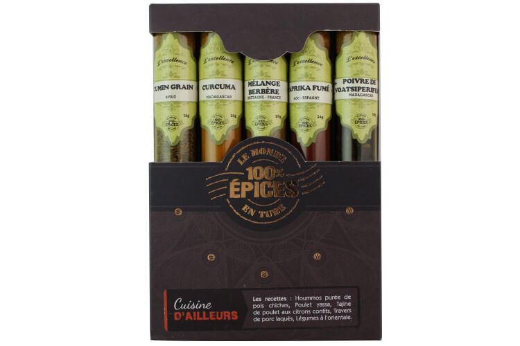 Coffret d'épices Le Monde en Tube Cuisine d'ailleurs 5 saveurs + carnet de recettes