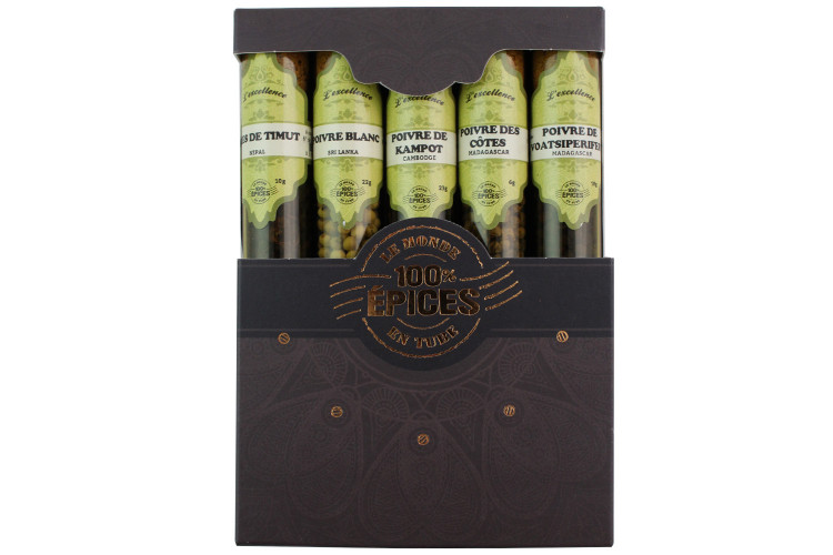 Coffret d'&eacute;pices Le Monde en Tube Poivres du monde 5 saveurs + carnet de recettes