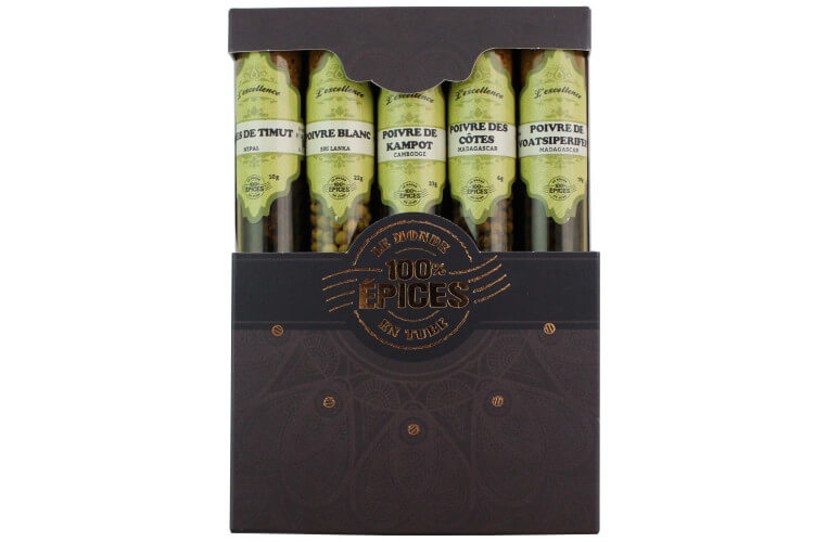 Coffret d'épices Le Monde en Tube Poivres du monde 5 saveurs + carnet de recettes