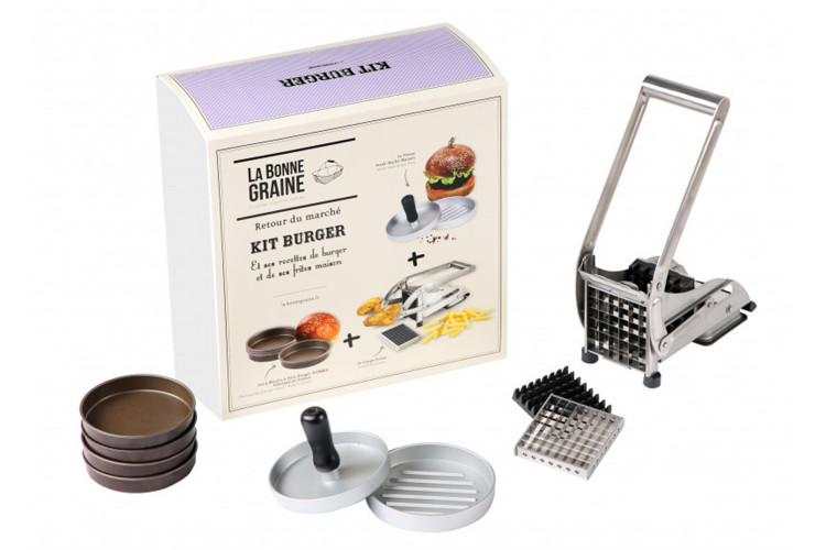Kit Burger La Bonne Graine - Coupe-frites, presse &agrave; steak hach&eacute; et 4 moules &agrave; pain