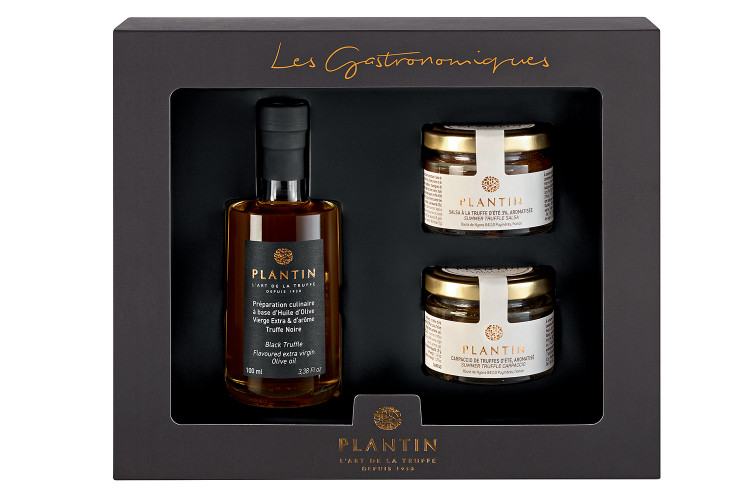 Coffret cadeau Plantin Ap&eacute;ritif autour de la truffe : huile d'olives &agrave; la truffe noire + 2 verrines