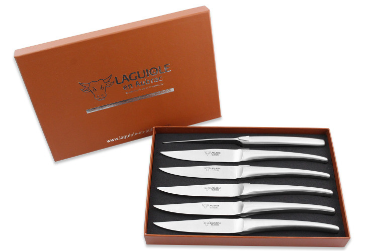Coffret de 6 couteaux de table Laguiole en Aubrac Monobloc en inox bross&eacute;