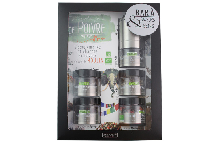 Bar &agrave; poivres bio Savor&Sens 5 poivres et moulin d&eacute;vissable - 75g