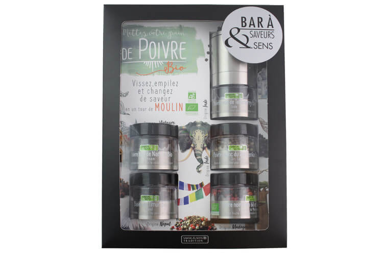 Bar à poivres bio Savor&Sens 5 poivres et moulin dévissable - 75g