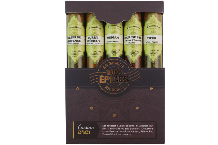 Coffret d'&eacute;pices Le Monde en Tube Cuisine d'ici 5 saveurs + carnet de recettes