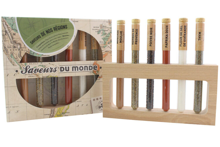 Coffret 6 épices en tube Le Monde en Tube Saveurs de nos régions + support bois