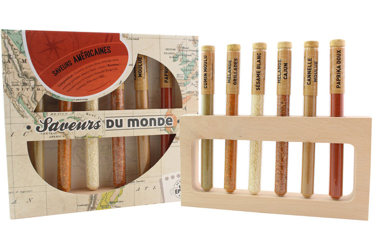 Coffret 6 &eacute;pices en tube Le Monde en Tube Saveurs am&eacute;ricaines + support bois