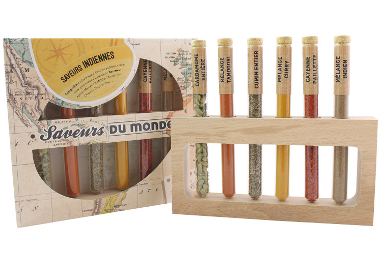 Coffret 6 &eacute;pices en tube Le Monde en Tube Saveurs indiennes + support bois